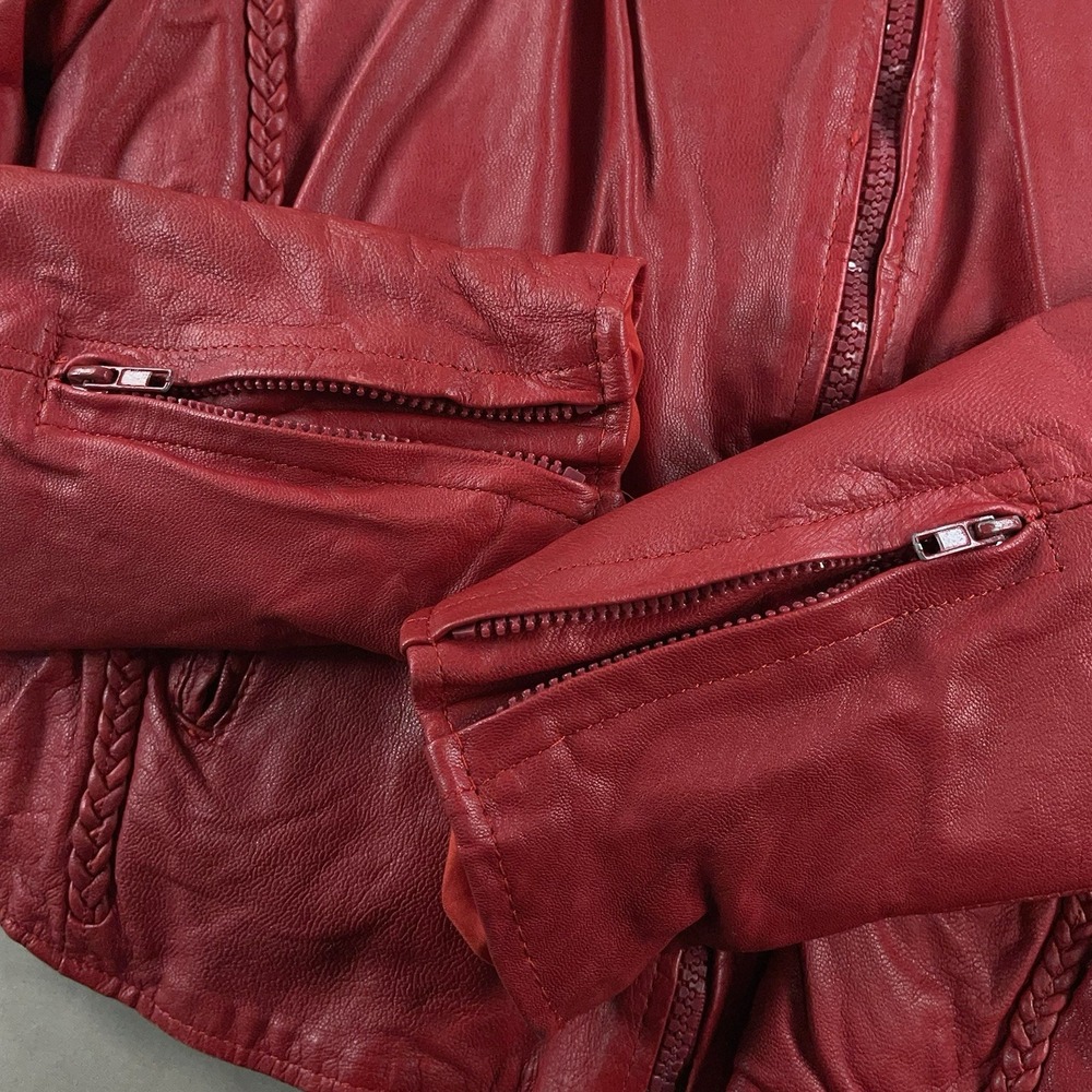 Unik Ultra Red Womens Leather Motorcycle Jacket Removable Liner Large Braid Trim - Picture 9 of 16